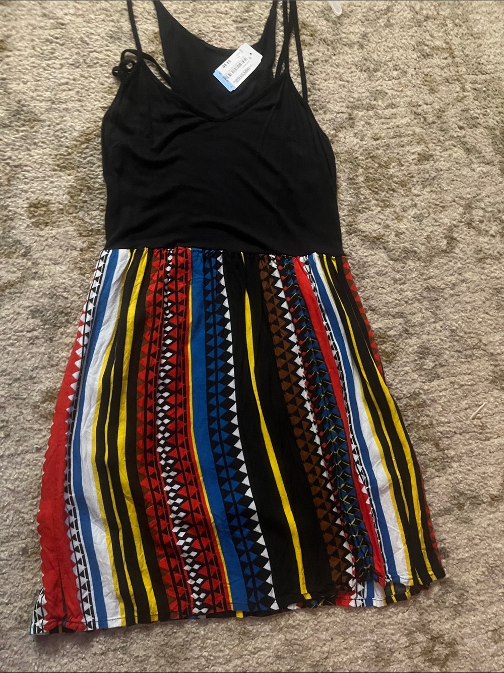 Black Tank Top Dress with Multicolor Tribal Stripe Skirt